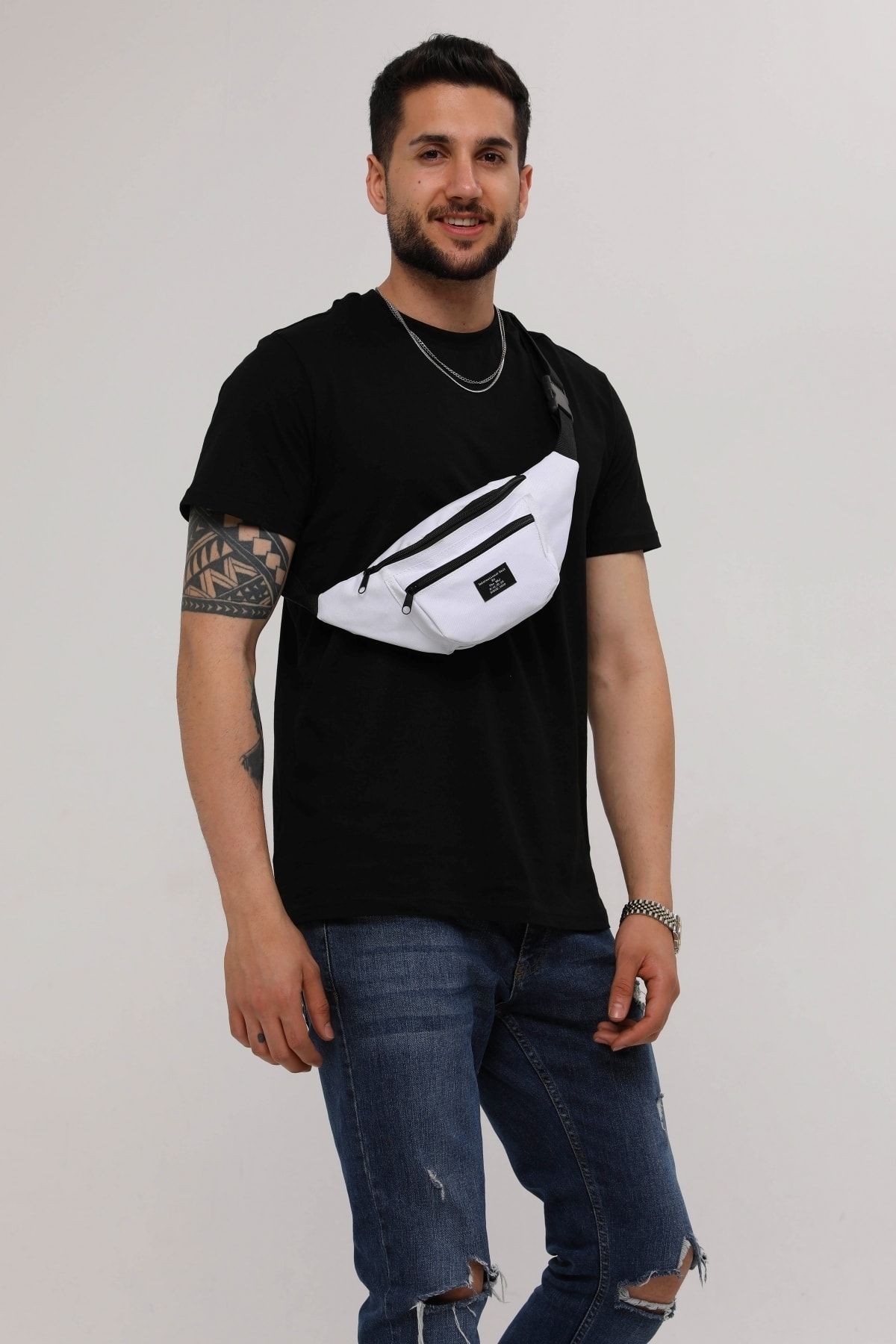 D'VERS Unisex Beyaz 2 Bölmeli Omuz Ve Bel Çantası