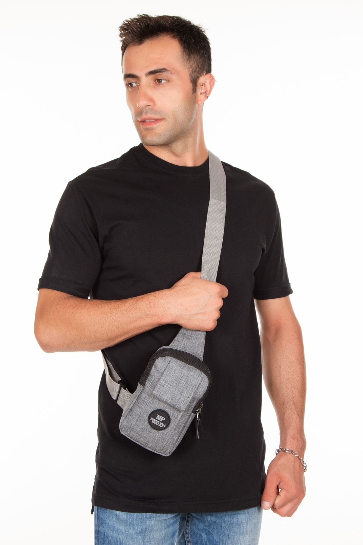 Newish Unisex Keten Kumaş Telefon Bölmeli Çapraz Askılı Omuz Ve Bel Çantası, Gri Renk, Günlük Spor