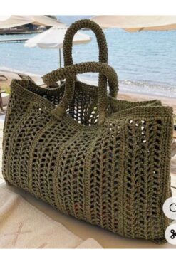 Derin Sanat Haki yeşil hem plaj hem günlük hasır çanta