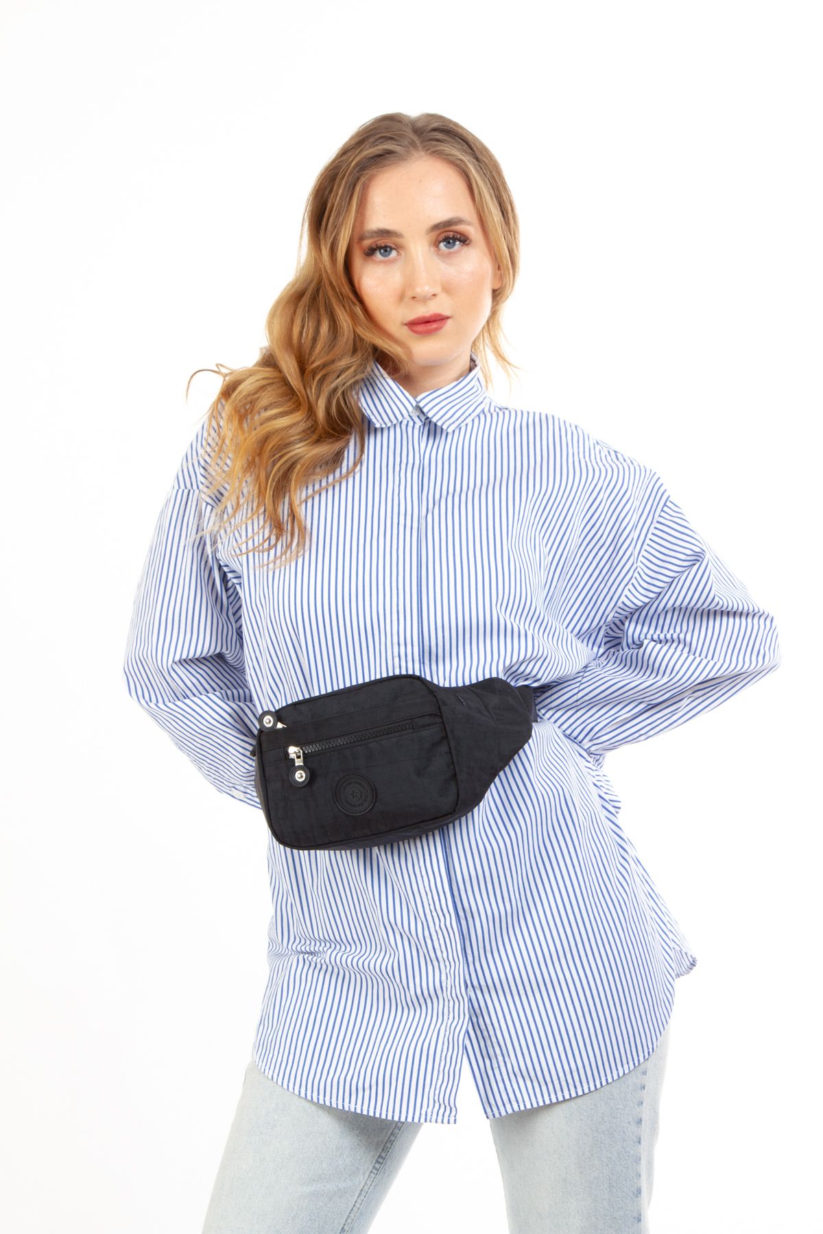 LOOP DESIGN Siyah Unisex Krinkıl Kumaş Bel Ve Çapraz Omuz Çantası & Freebag - Görsel 3