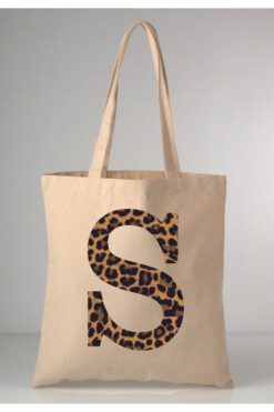 MODA Leopar desenli S harfi baskılı ham bez 35X40 ekru omuz çantası