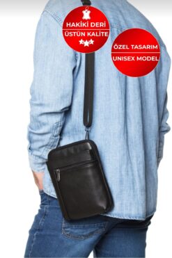 CERFF LEATHER CLUP Siyah Unisex Hakiki Dana Derisi Omuz Çantası