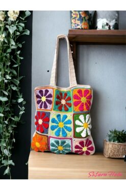 Satürn Hobi Örgü Çiçek Motifli Tote Çanta