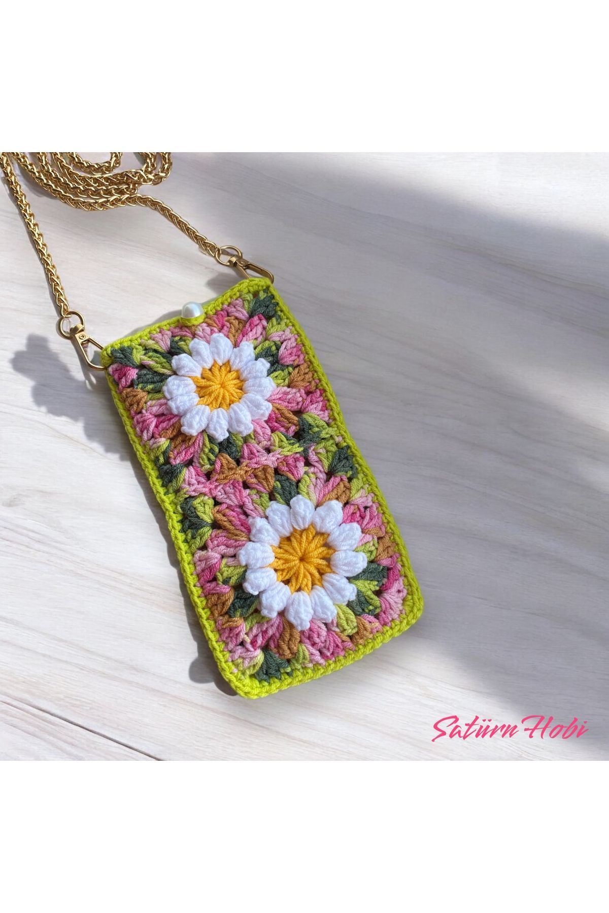 Satürn Hobi Örgü Papatya Motifli Zincir Askılı Telefon Çantası & Gözlük Kılıfı