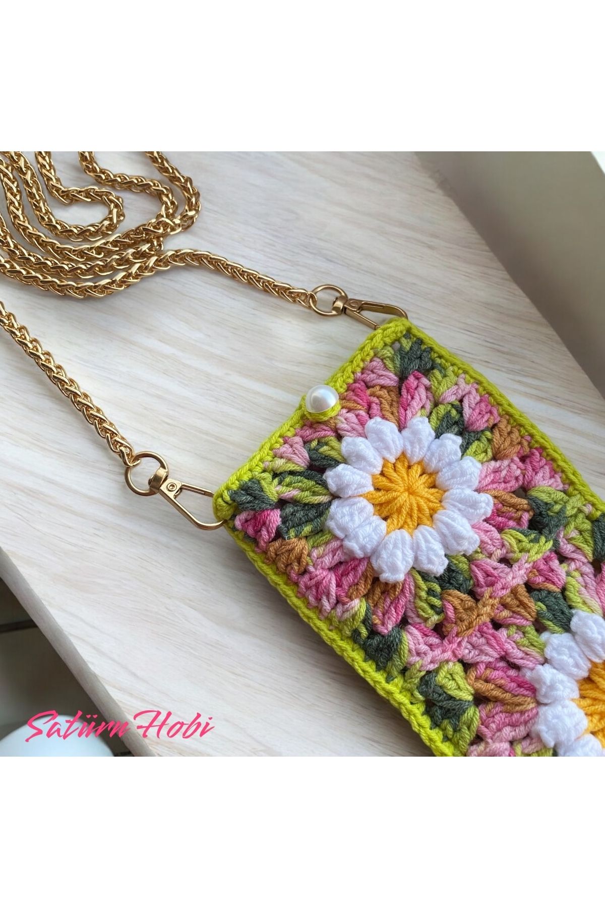 Satürn Hobi Örgü Papatya Motifli Zincir Askılı Telefon Çantası & Gözlük Kılıfı - Görsel 2