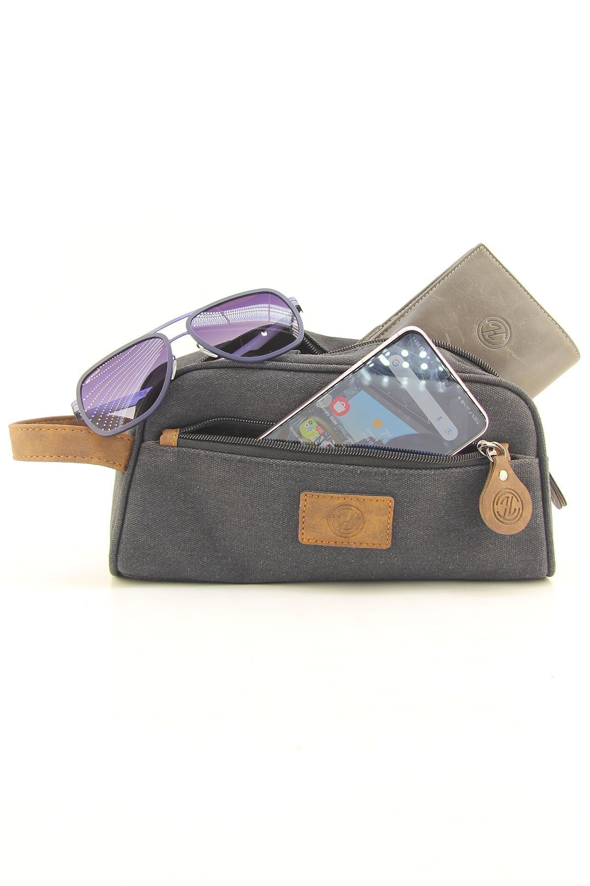 HNB Erkek Siyah Kanvas Su Geçirmez Kişisel Bakım Günlük Traş Çantası - Görsel 3