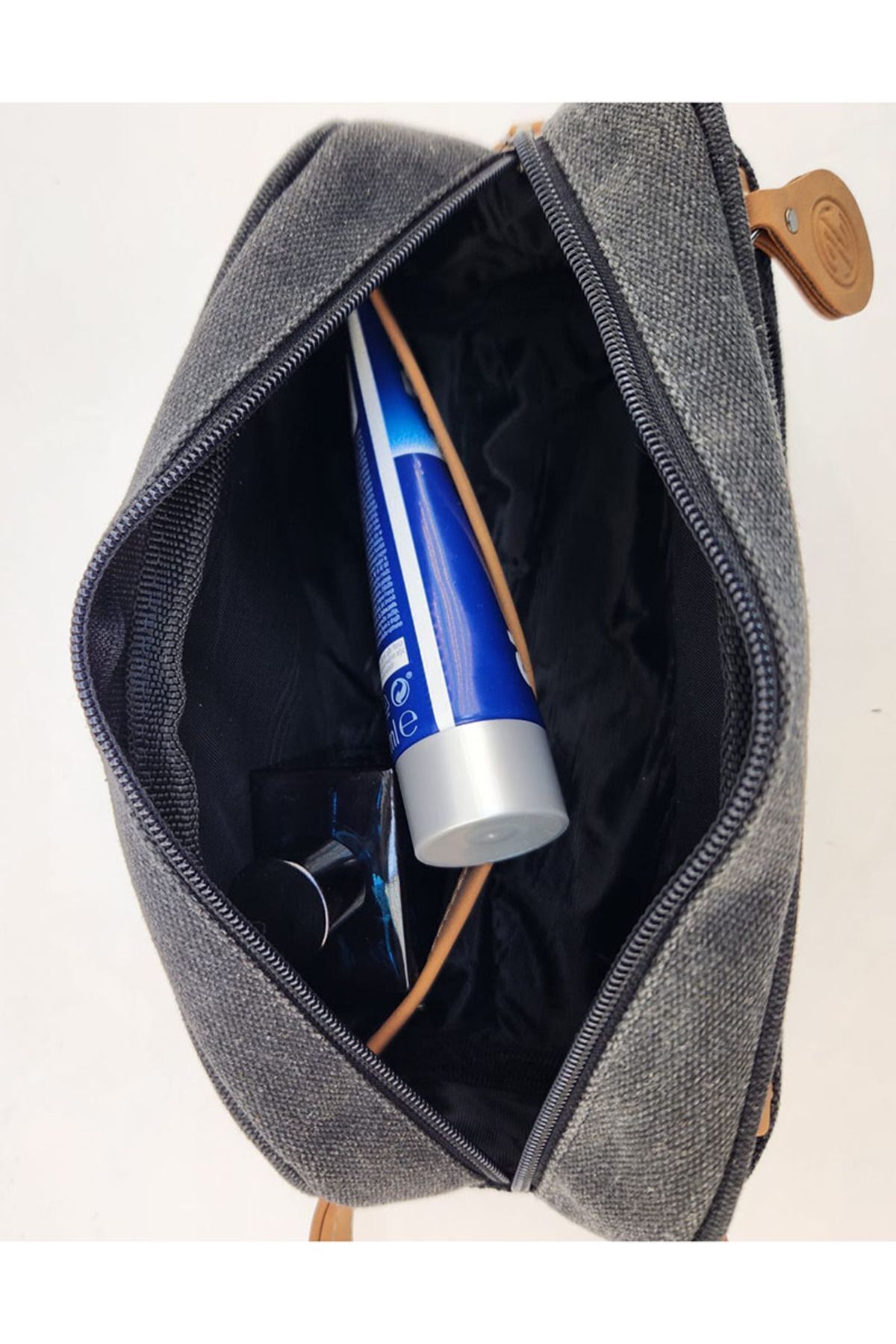 HNB Erkek Siyah Kanvas Su Geçirmez Kişisel Bakım Günlük Traş Çantası - Görsel 5