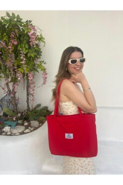 bee store Kırmızı Astarlı, Cepli, Günlük Kullanıma Uygun, Bez, Kumaş Çanta, Kol Ve Omuz Çantası