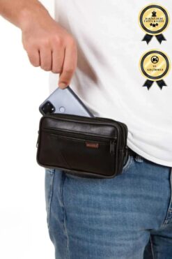 CERFF LEATHER CLUP Siyah Hakiki Deri Telefon Bölmeli Kemerlik Bel Çantası