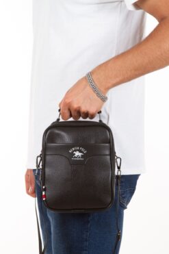 Newish Polo Erkek Siyah Vegan Deri Su Geçirmez Günlük El Ve Omuz Çantası