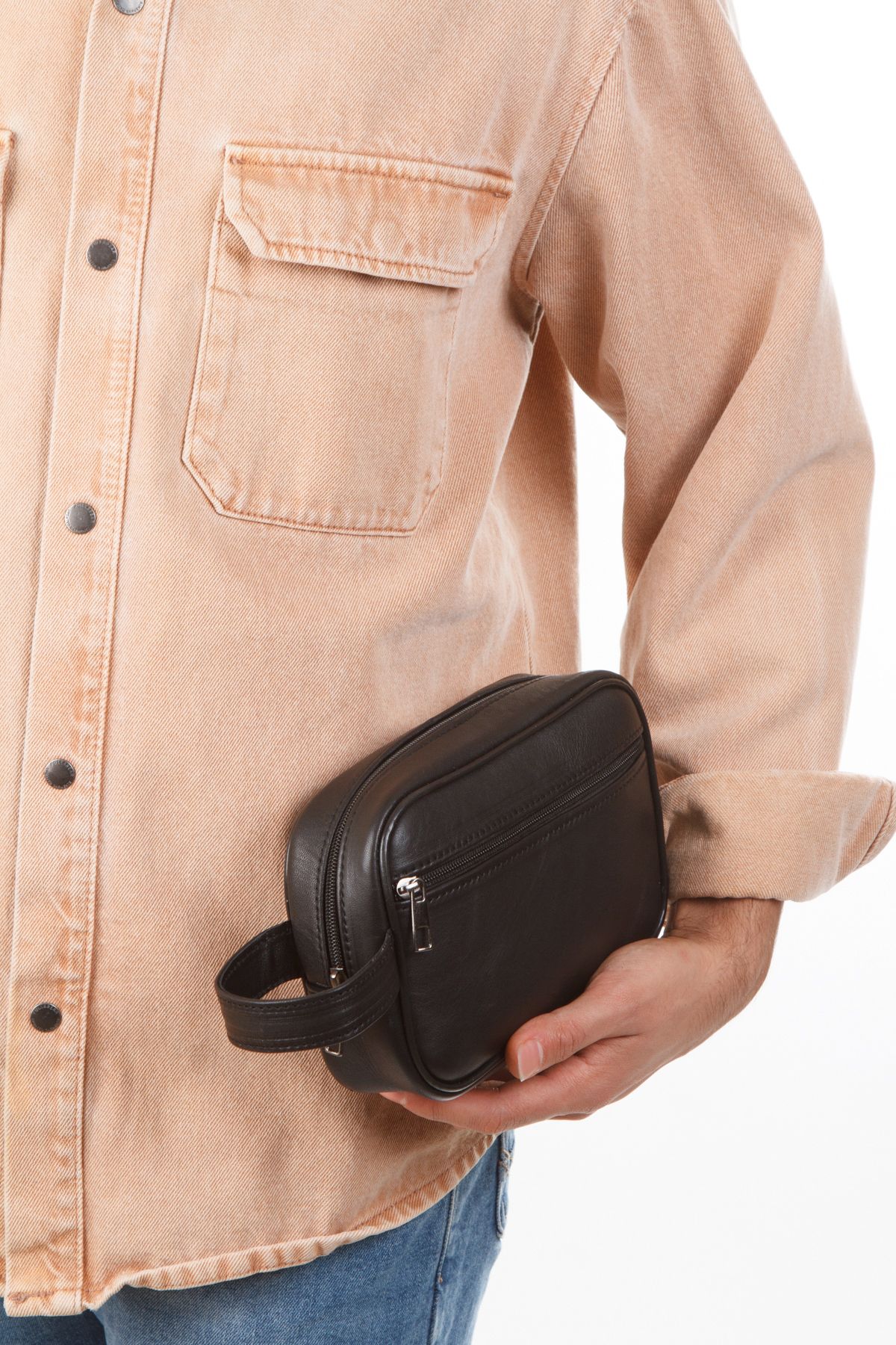 Adelina Bags Erkek Siyah Hakiki Deri Seyahat Kozmetik Portföy Clutch El Çanta - Görsel 6