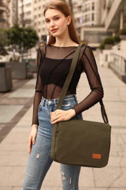 Unique Kadın Haki K8 Düz Postacı Model 3 Bölmeli Askılı Günlük Unisex Kol Ve Omuz Çantası U:28 E:35 G:7