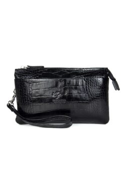 KANGAROO KINGDOM Siyah Erkek El Portföy Clutch Çantası Hakiki Dana Deri Kroko 5488-cs