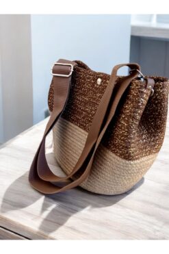 Butik Gold Sim Detaylı Hasır / Kahverengi Çapraz Çanta