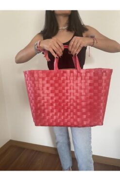 sisa.art Pazar Çantası Plastik Örme Renkli Piknik Sepeti Plaj Çanta
