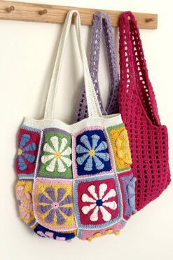 BECCASTYLE Çiçekli Çanta, Renkli Çanta, Örgü Çanta, Organik Pamuk Çanta, Çok Renkli Çanta, Büyük Omuz Çantası