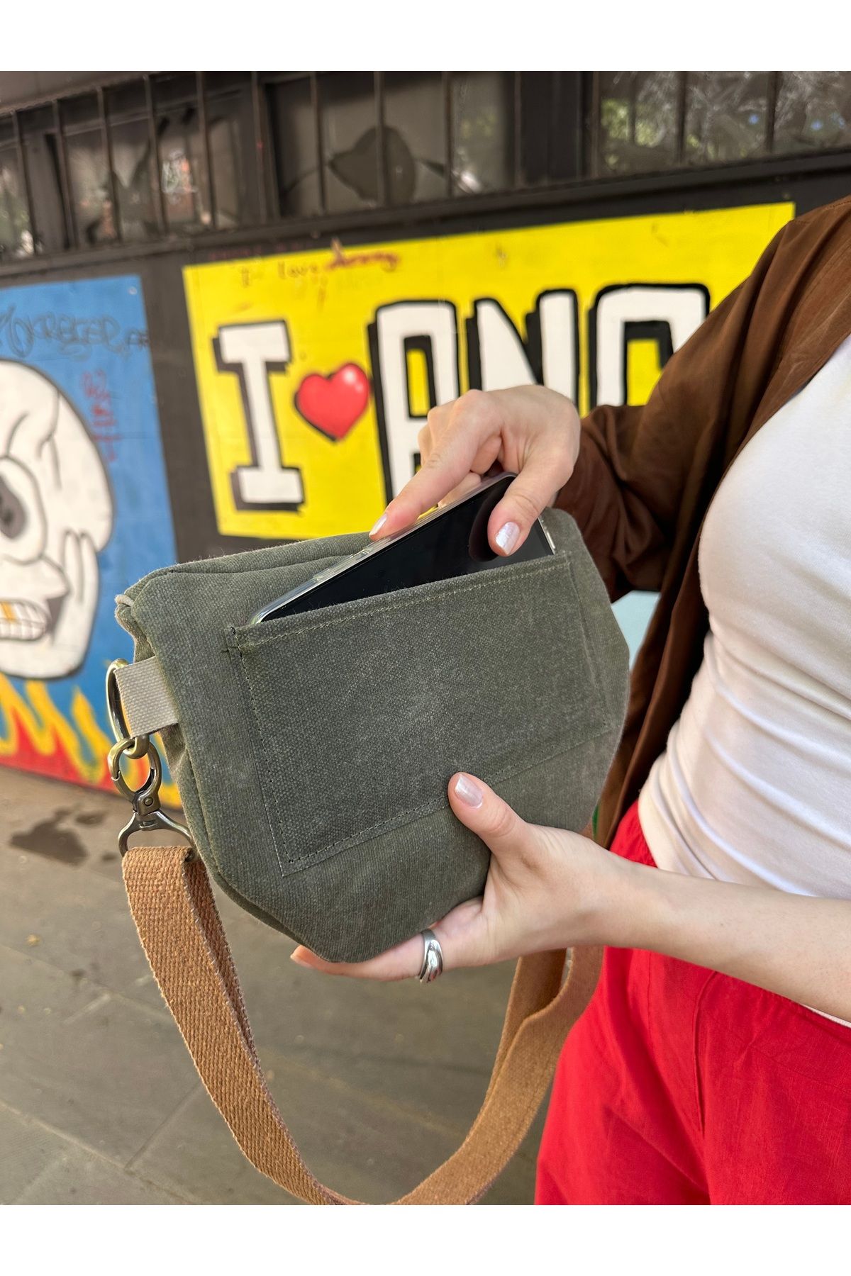 Atelier Lapina Haki (Ekru detaylı) / Doğa Astar Mumlu Kanvas Çapraz Çanta / Bel Çantası - Görsel 2