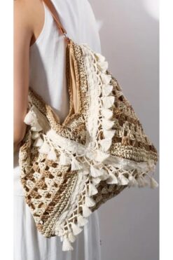 WOMANBAG El Yapımı Püskül Detay Tasarım Hasır Omuz Çantası