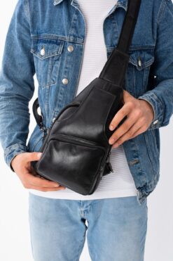 Erzeno Hakiki Deri Erkek Siyah Çapraz Askılı Çanta / Çapraz Göğüs Çantası Omuz Çantası Body Bag