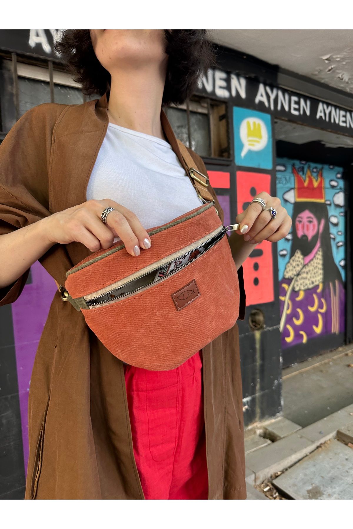 Atelier Lapina Kiremit (Haki detaylı) / Doğa Astar Mumlu Kanvas Çapraz Çanta / Bel Çantası - Görsel 3