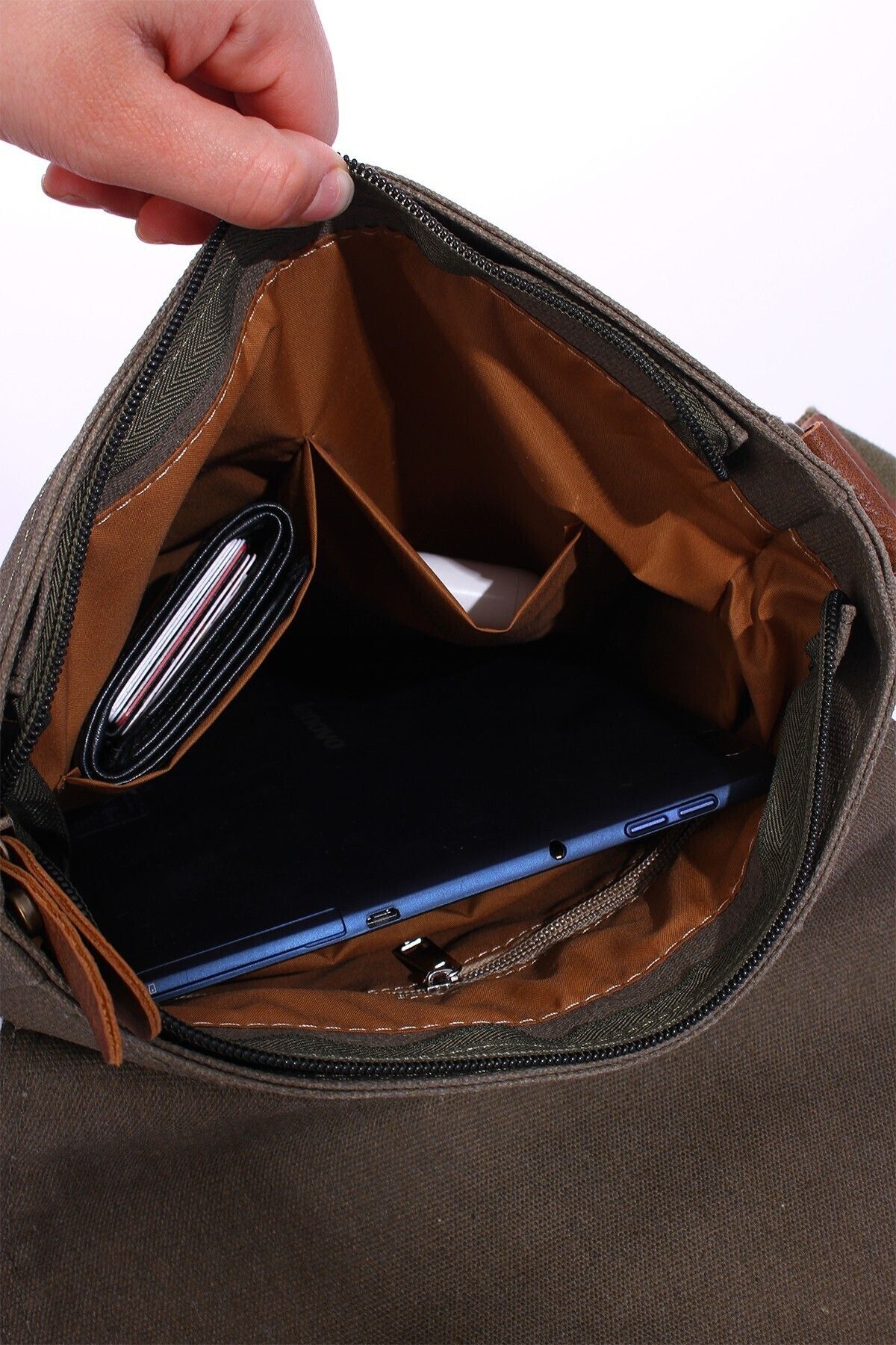 HAKKAN ÇANTA GK62 KANVAS POSTACI ÇANTASI ÇOK BÖLMELİ ÜNİVERSİTE GÜNLÜK ÇANTA MACBOOK TABLET ÇANTA HAKİ - Görsel 5