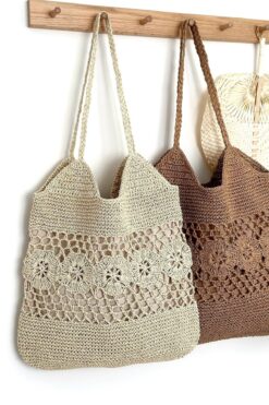 BECCASTYLE Tote Çanta, Örgü Hasır Çanta, Büyük Omuz Çantası, Çiçekli Çanta, Yazlık Makrome Çanta, Plaj Çantası