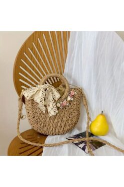 ELİŞİ MODA El Yapımı Çanta, Çiçek Süslemeli Çanta, El Örgüsü Hasır Çanta, Hediyelik Günlük Askılı Omuz Çantası