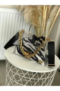 AREV BAGS Zebra Desen Siyah Şeffaf El ve Omuz Çantası