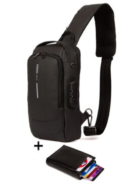 Newish Siyah Vegan Deri Çapraz Askılı Omuz Ve Bel Çantası Mekanizmalı Kartlık Ve Cüzdan