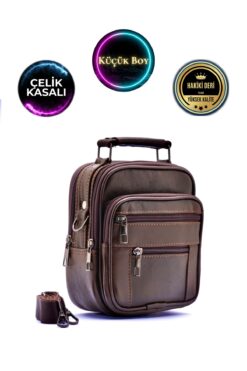 CüzCan Erkek Kahverengi Çelik Kasalı Hakiki Deri El Ve Omuz Çantası ( Küçük Boy ) Babalar Günü Hediyesi