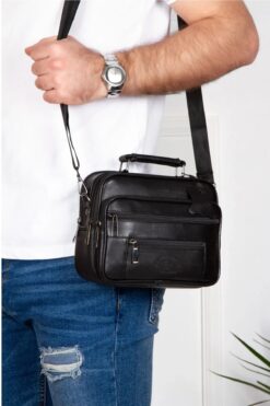By Hakan Newish Polo 3005 Orta Boy Hakiki Deri Kasalı Erkek El Ve Omuz Çantası Siyah