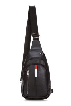 NEWISH POLO ACCESSORIES Siyah Deri Unisex Çapraz Askılı Çanta Göğüs Çanta Kulaklık Çıkışlı Omuz Çanta Günlük Çift Yön Askı
