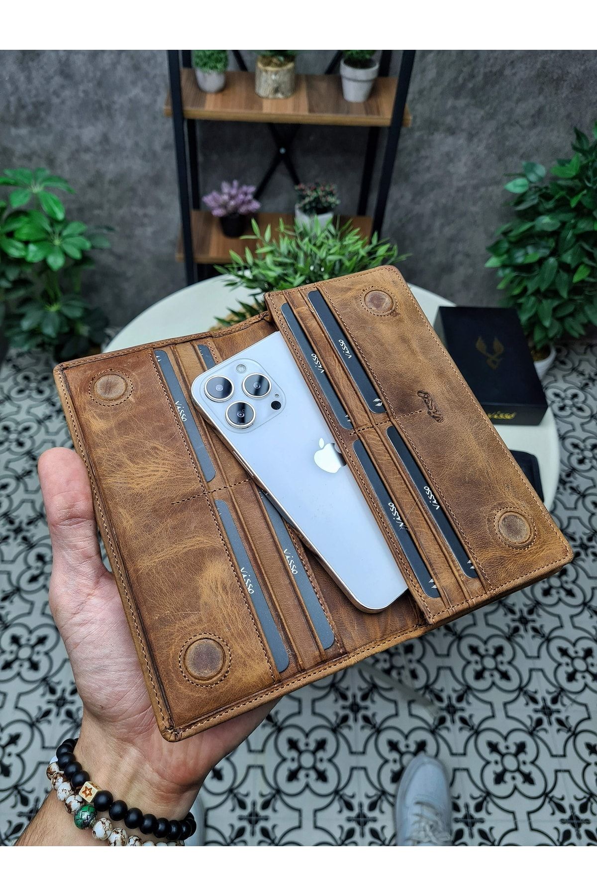 Visso leather Visso 902 Hakiki Deri El Geçmeli Kordonlu Kişiye Özel Telefon Hazneli Cüzdan El Çantası