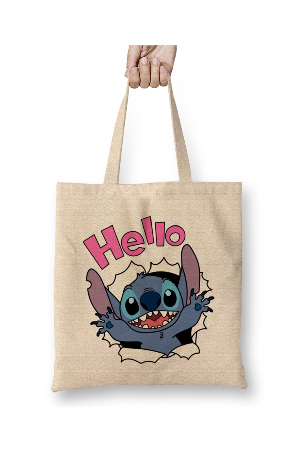 Baskı Dükkanı Stitch And Lilo Cute Fun Bez Çanta Uzun Saplı