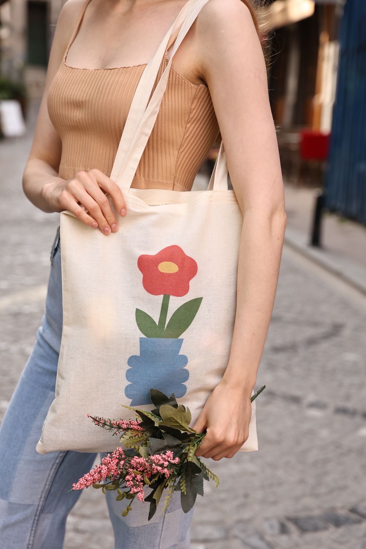 DK DAKSEL Kanvas Mavi Vazo Çuha Çiçek Baskılı Omuz Çanta - Görsel 6