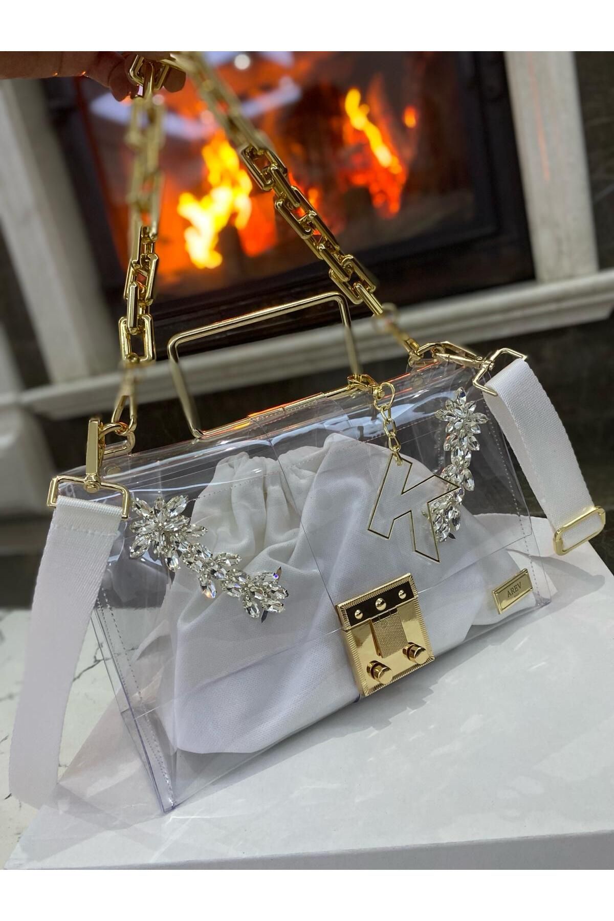 AREV BAGS Zincir Askılı Siyah Taşlı Şeffaf El Ve Omuz Çanta