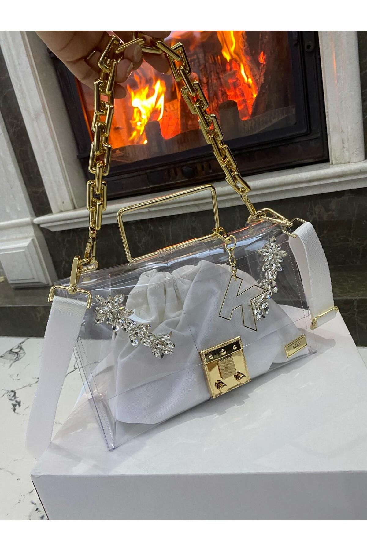 AREV BAGS Zincir Askılı Siyah Taşlı Şeffaf El Ve Omuz Çanta - Görsel 2