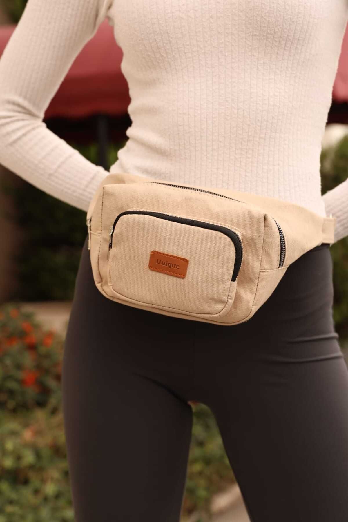 KIRASE Yeni Model Krem Unigue Yazılı Iki Cepli Kanvas Bel Çantası - Görsel 2