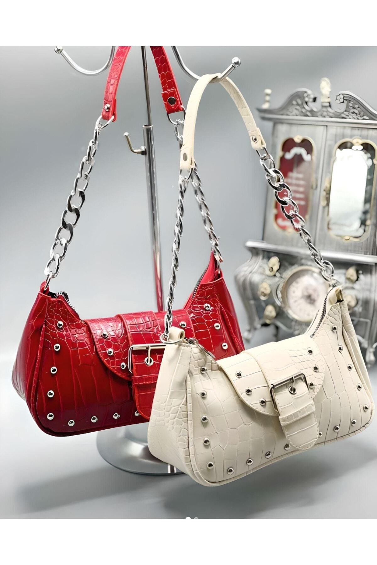 FASOLDY Bony Zımbalı Timsah Desenli Beyaz Kol Çantası - Görsel 5