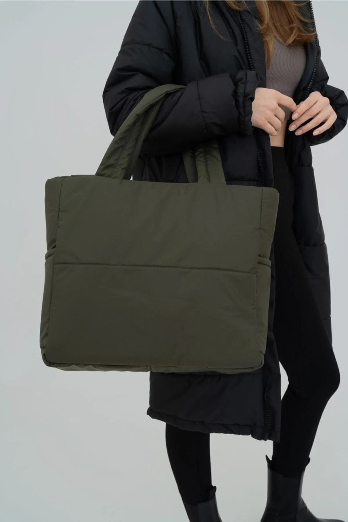 woys Haki Renk Kabartmalı Puf Kumaş Shopper Çanta