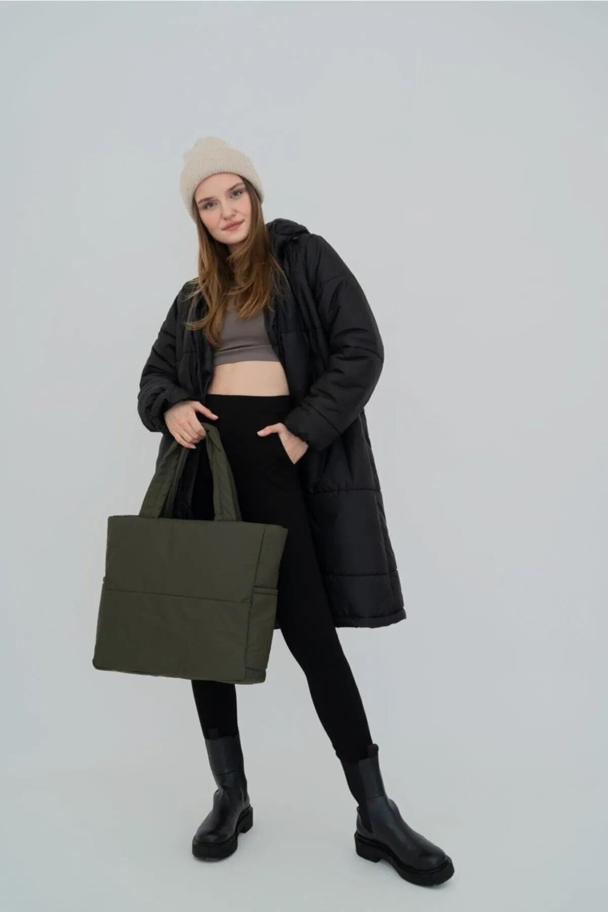 woys Haki Renk Kabartmalı Puf Kumaş Shopper Çanta - Görsel 2