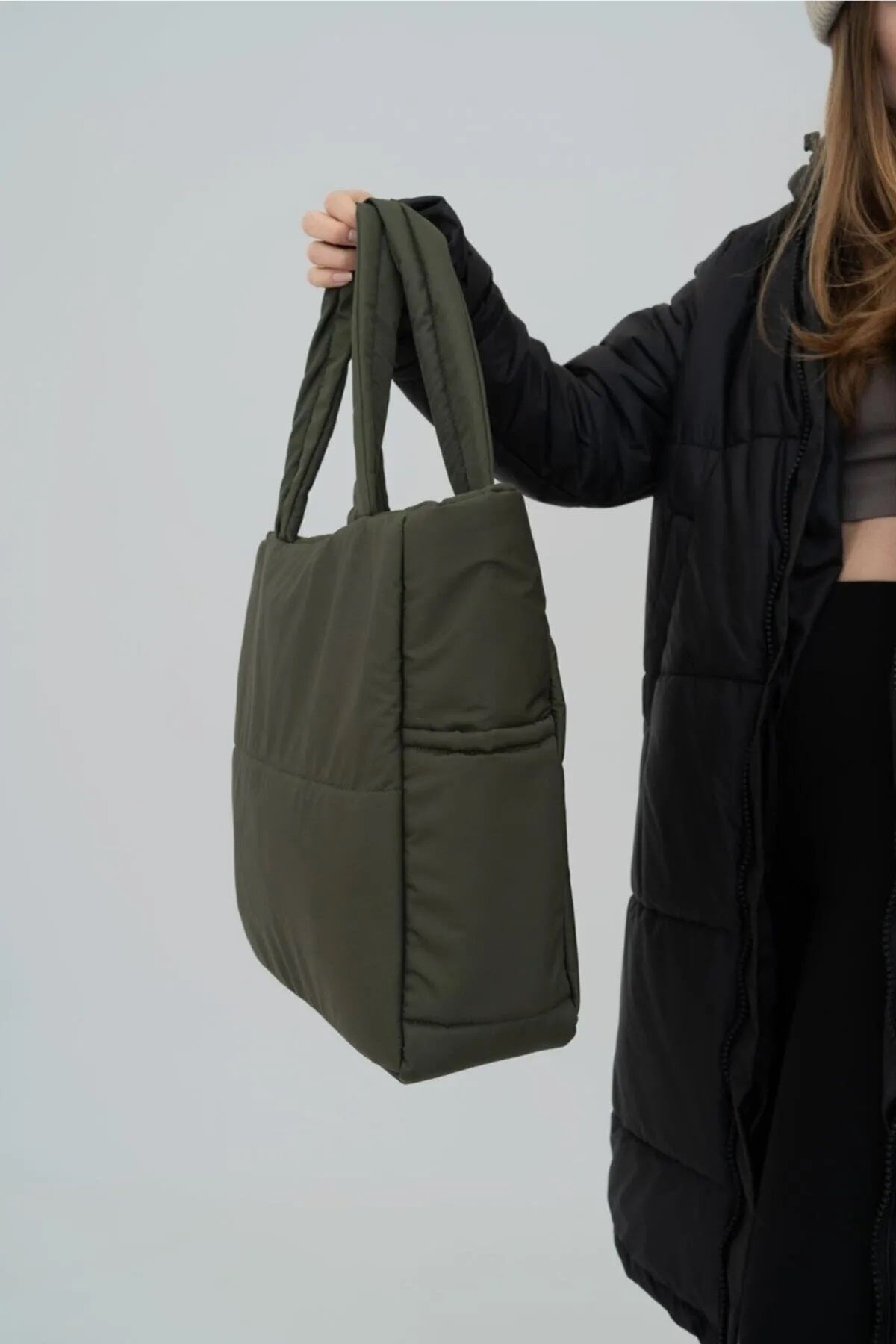 woys Haki Renk Kabartmalı Puf Kumaş Shopper Çanta - Görsel 3