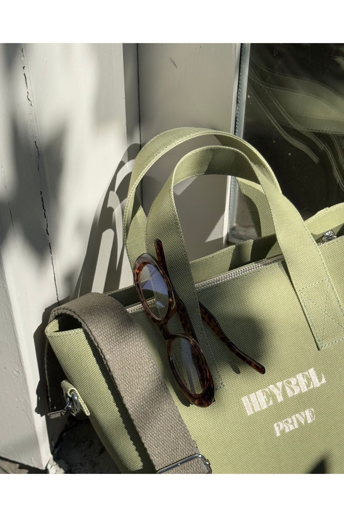 heybelprive HEYBEL Premium Mumlu Kanvas Çanta, Soft Yeşil Geniş Kapasite Tote Bag, Çapraz Askı Günlük Çanta