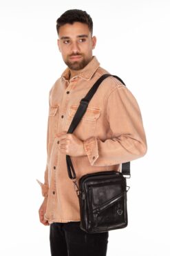 Newish Erkek Hakiki Deri Siyah Çapraz Omuz Ve El Çantası