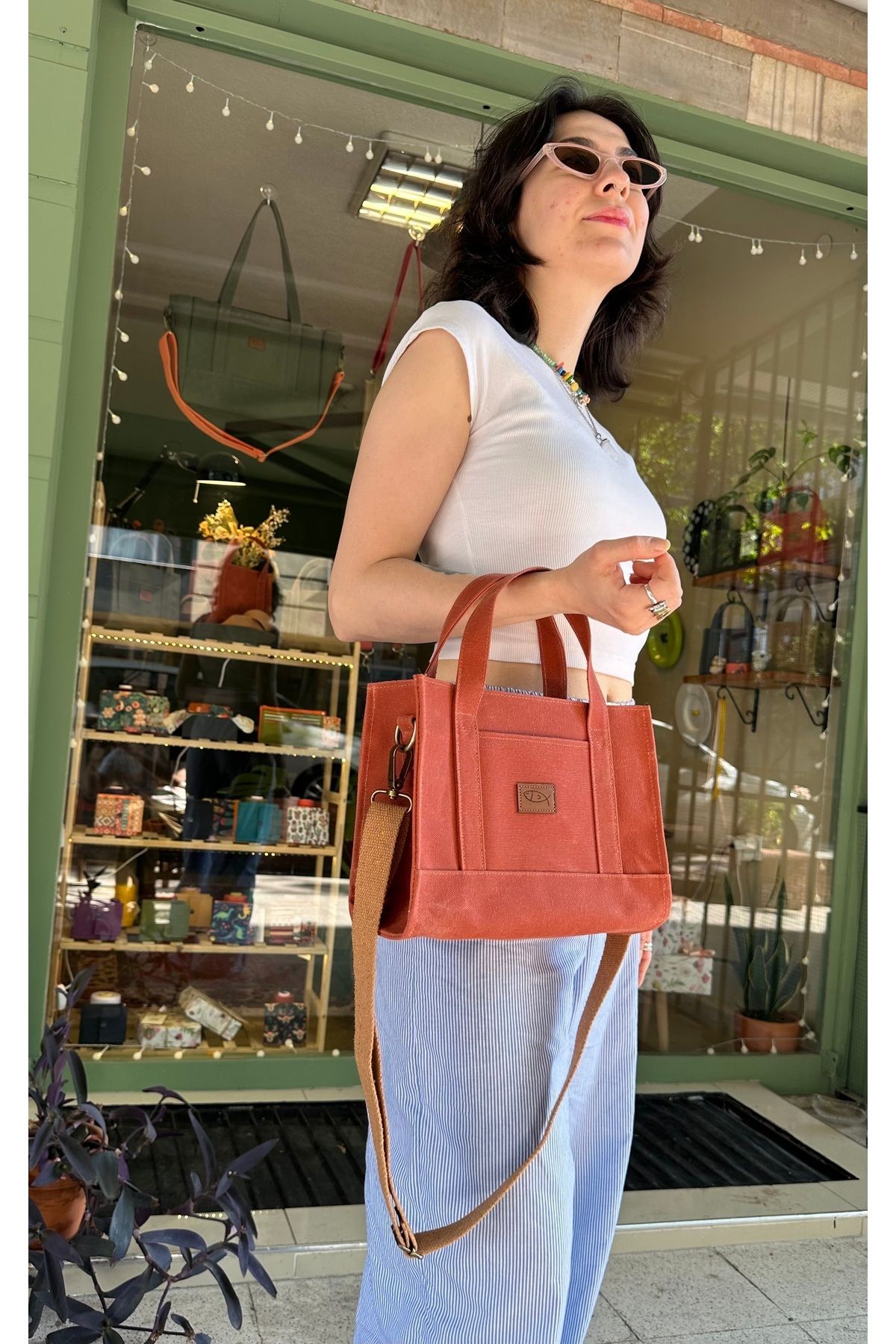 Atelier Lapina Kiremit / Kiraz / Orta Boy Mumlu Kanvas Çanta - Görsel 2