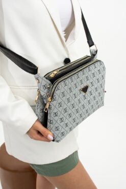 mugalas Gri Siyah Garneli Desenli Üç Bölmeli Omuz Çapraz Askılı Kaliteli Çanta