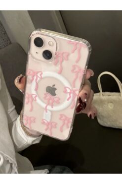 KVK PRİVACY Apple Iphone 13-14 Uyumlu Pembe Fiyonk Desenli Magsafe Şeffaf Kılıf Darbeye Dayanıklı Kapak