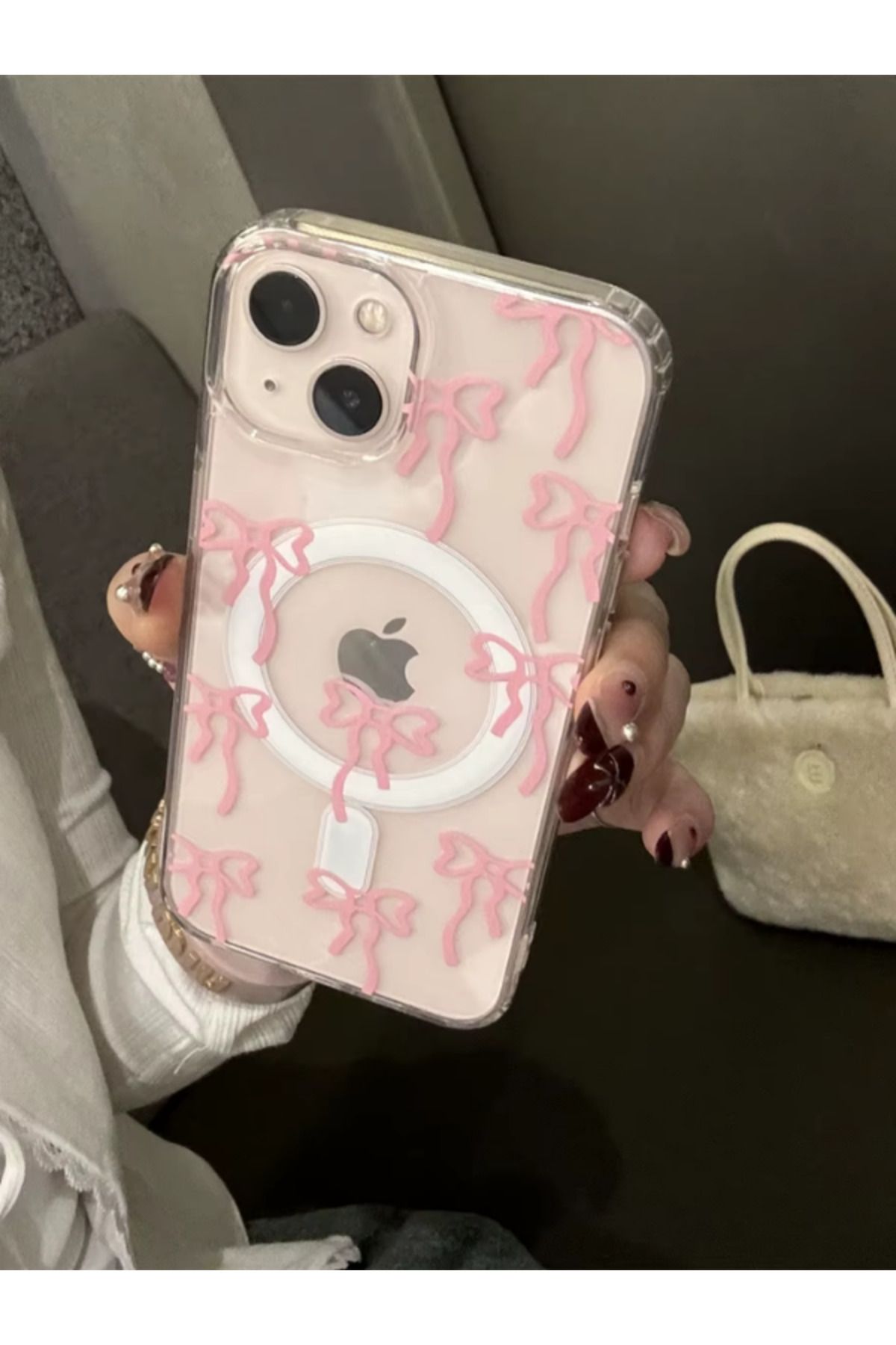 KVK PRİVACY Apple Iphone 13-14 Uyumlu Pembe Fiyonk Desenli Magsafe Şeffaf Kılıf Darbeye Dayanıklı Kapak