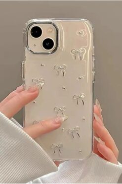 Fibaks Apple Iphone 13 - 14 - 15 Kılıf Fiyonk Desenli Şeffaf Simli Gümüş Kamera Çıkıntılı Parlak Kapak