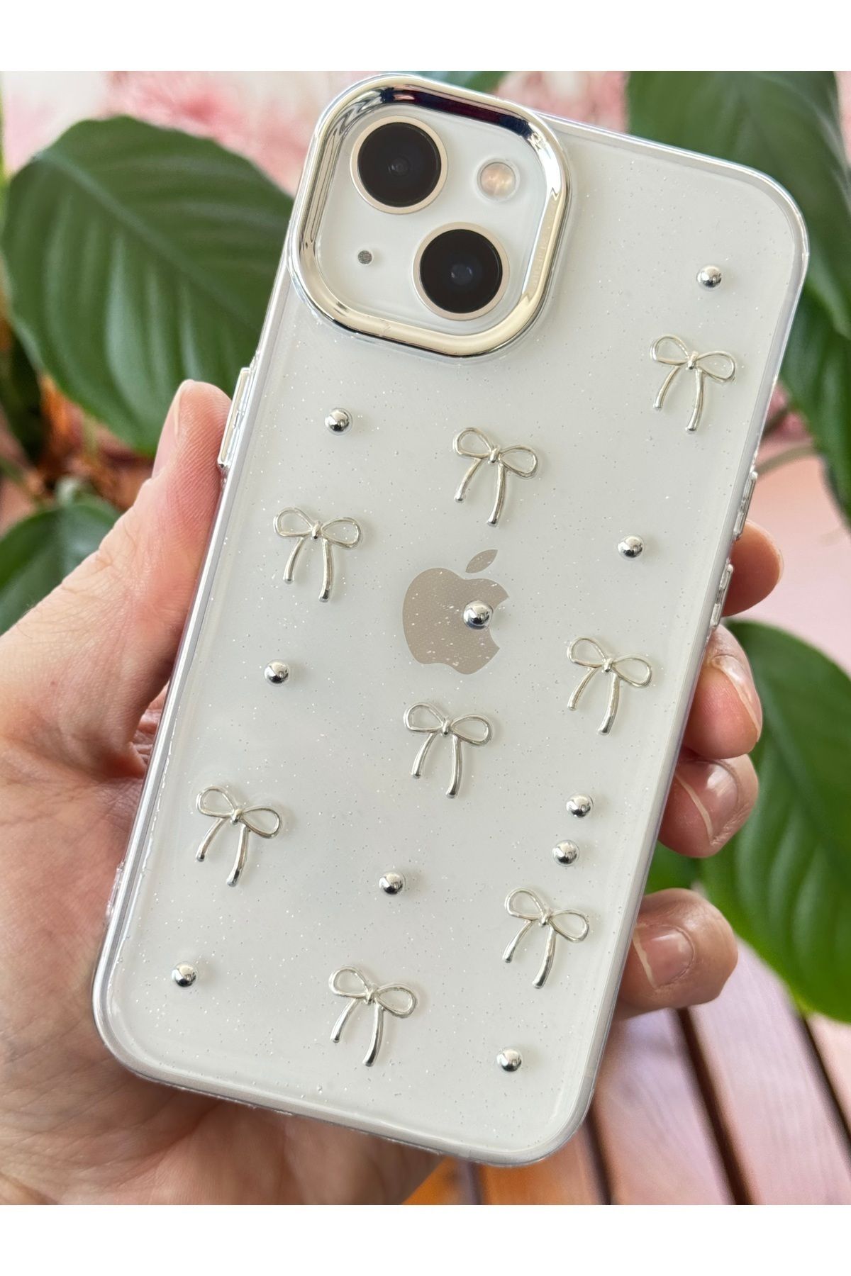 Fibaks Apple Iphone 13 - 14 - 15 Kılıf Fiyonk Desenli Şeffaf Simli Gümüş Kamera Çıkıntılı Parlak Kapak - Görsel 2